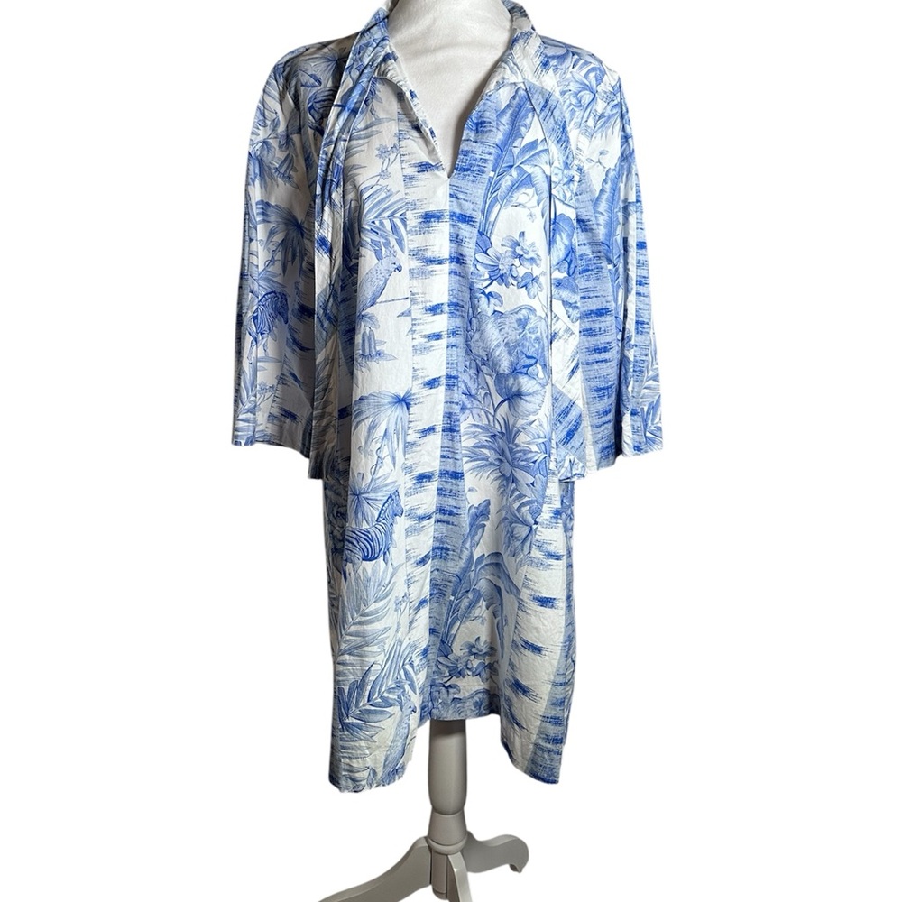 Tuckernuck Safari Toile Blue White Flare Sleeve Dress Size Small - Picture 2 of 11